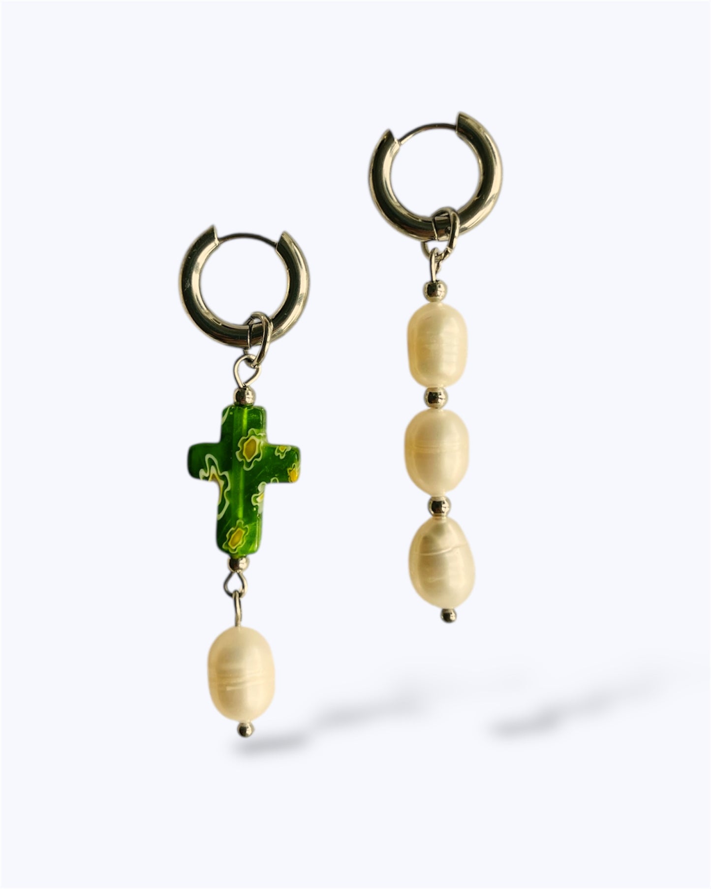 Calista Mismatched Fresh Water Pearl Dangle Silver Hoop Earrings